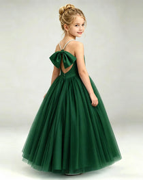 Dark Green Flower Girl Dress Pearl Strap Open Back Satin Bow Tulle Princess Gown Back Full View