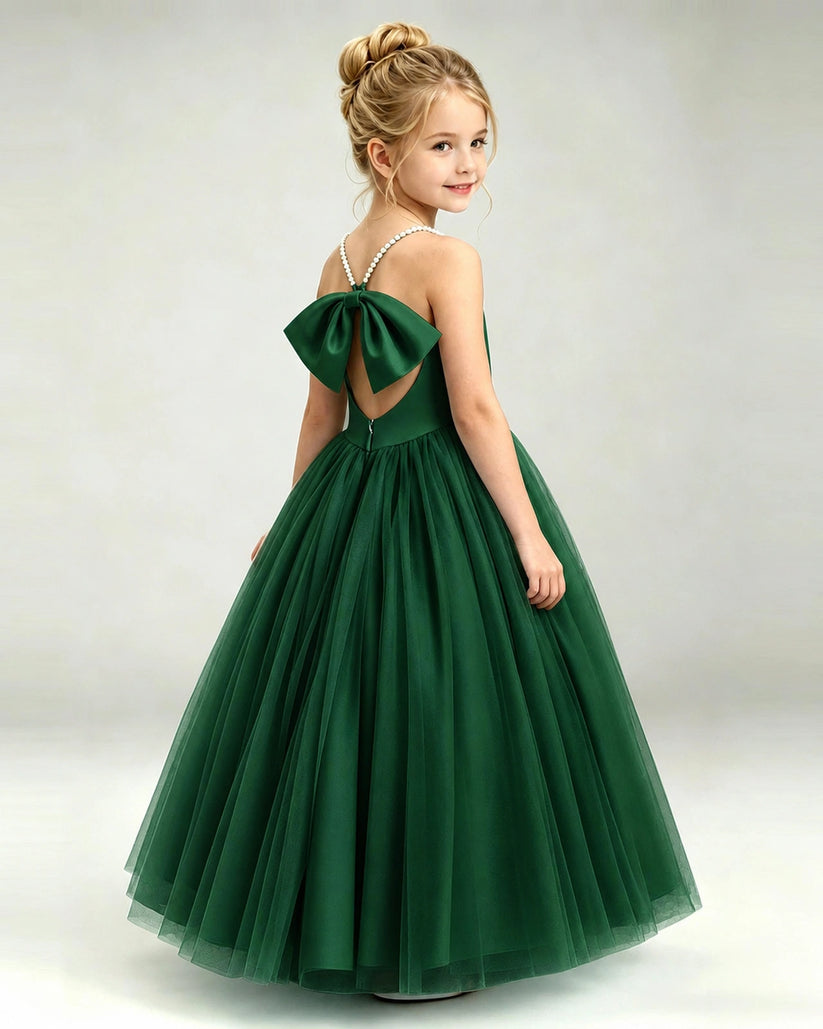 Dark Green Tulle A-line Girls Formal Dress Back View