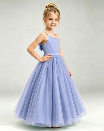 Dusty Blue Flower Girl Dress Pearl Strap Open Back Satin Bow Tulle Princess Gown Side Full View