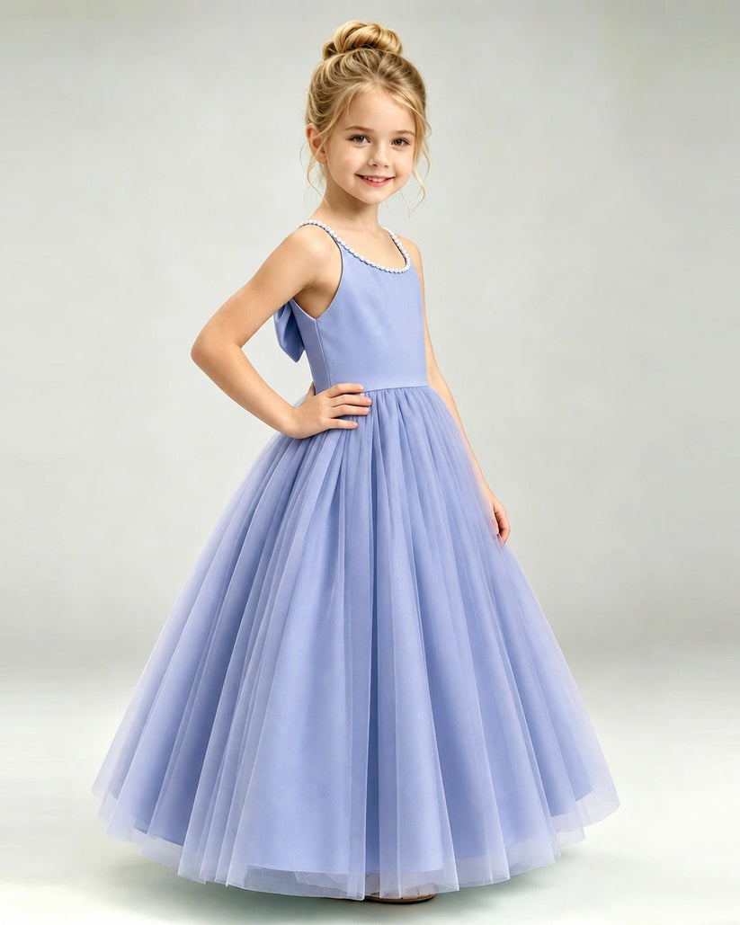 Dusty Blue Tulle A-line Girls Formal Dress Side View