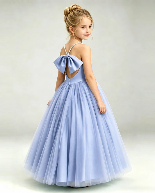 Dusty Blue Tulle A-line Girls Formal Dress Back View