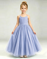 Dusty Blue Tulle A-line Girls Formal Dress Front View