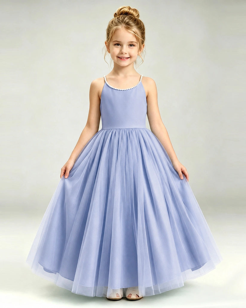 Dusty Blue Tulle A-line Girls Formal Dress Front View