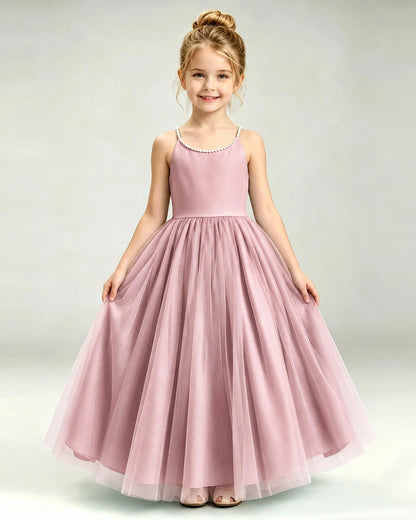 Dusty Rose Flower Girl Dress Pearl Strap Open Back Satin Bow Tulle Princess Gown Front Full View