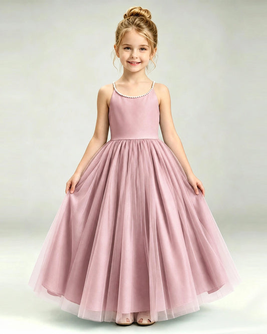 Dusty Rose Tulle A-line Girls Formal Dress Front View