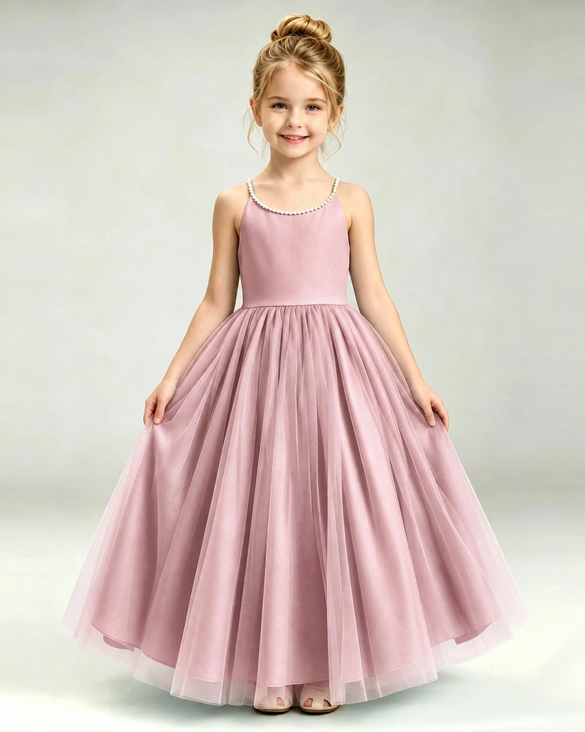 Dusty Rose Tulle A-line Girls Formal Dress Front View
