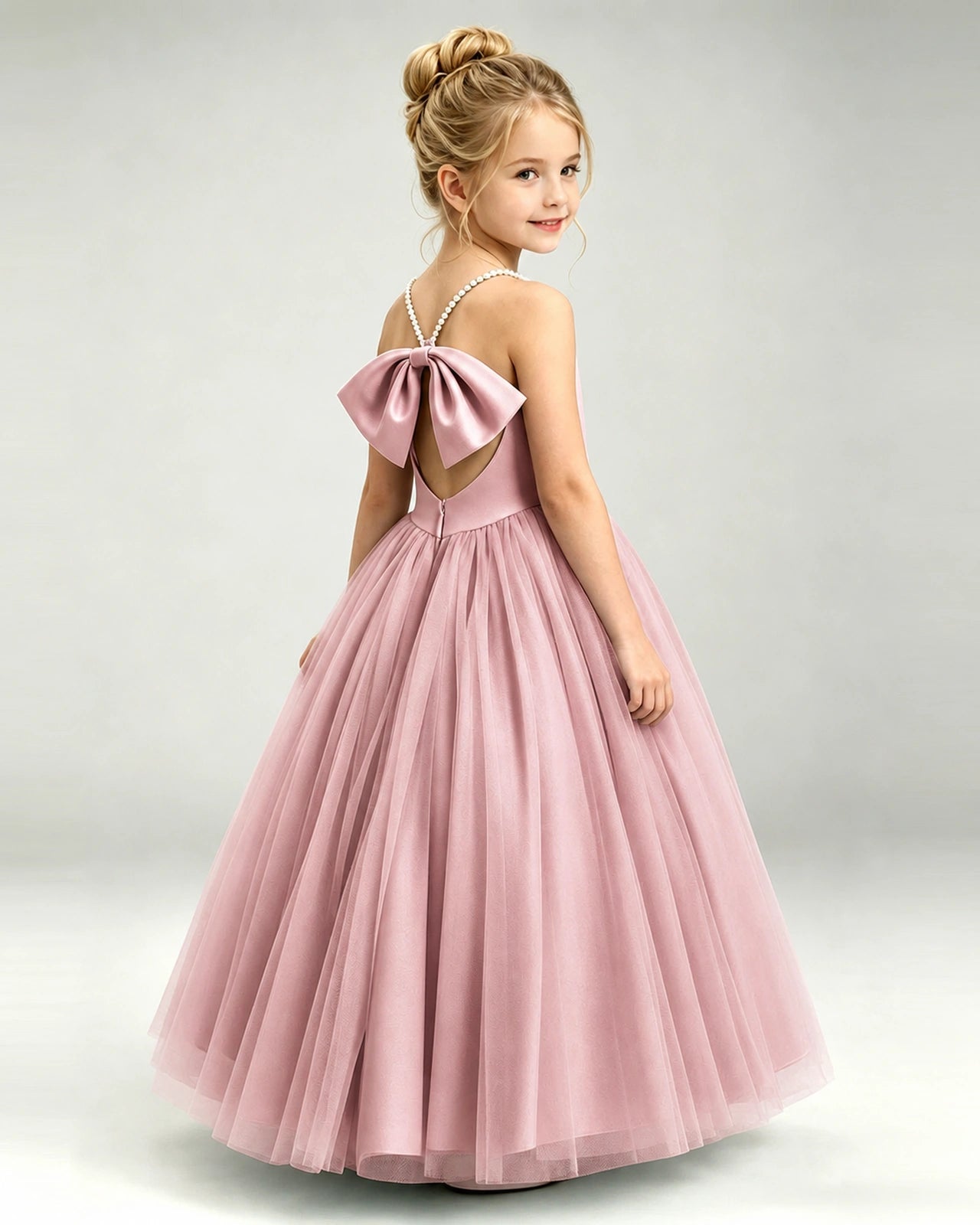 Dusty Rose Flower Girl Dress Pearl Strap Open Back Satin Bow Tulle Princess Gown Back Full View