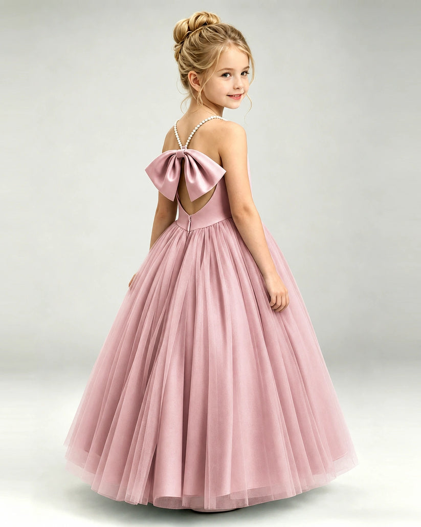 Dusty Rose Tulle A-line Girls Formal Dress Back View