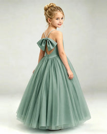 Eucalyptus Flower Girl Dress Pearl Strap Open Back Satin Bow Tulle Princess Gown Back Full View