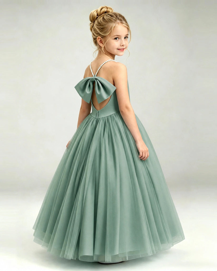 Eucalyptus Tulle A-line Girls Formal Dress Back View