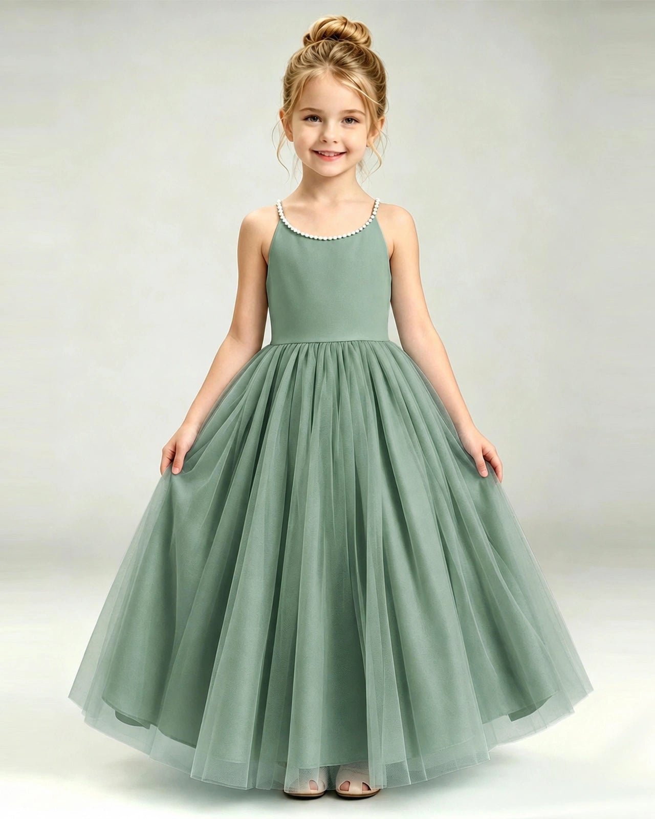 Eucalyptus Flower Girl Dress Pearl Strap Open Back Satin Bow Tulle Princess Gown Front Full View
