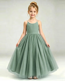Eucalyptus Flower Girl Dress Pearl Strap Open Back Satin Bow Tulle Princess Gown Front Full View