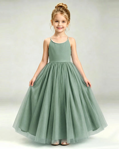 Eucalyptus Flower Girl Dress Pearl Strap Open Back Satin Bow Tulle Princess Gown Front Full View