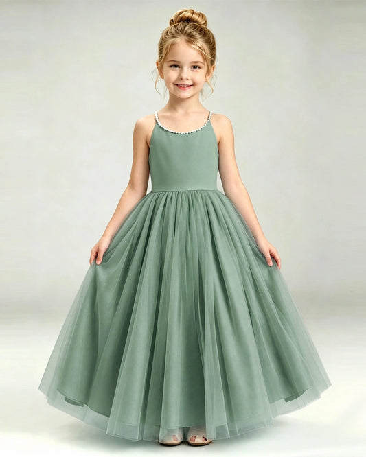Eucalyptus Tulle A-line Girls Formal Dress Front View