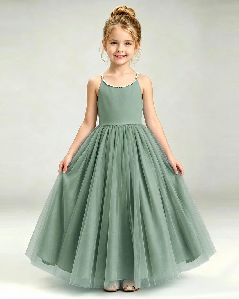 Eucalyptus Tulle A-line Girls Formal Dress Front View