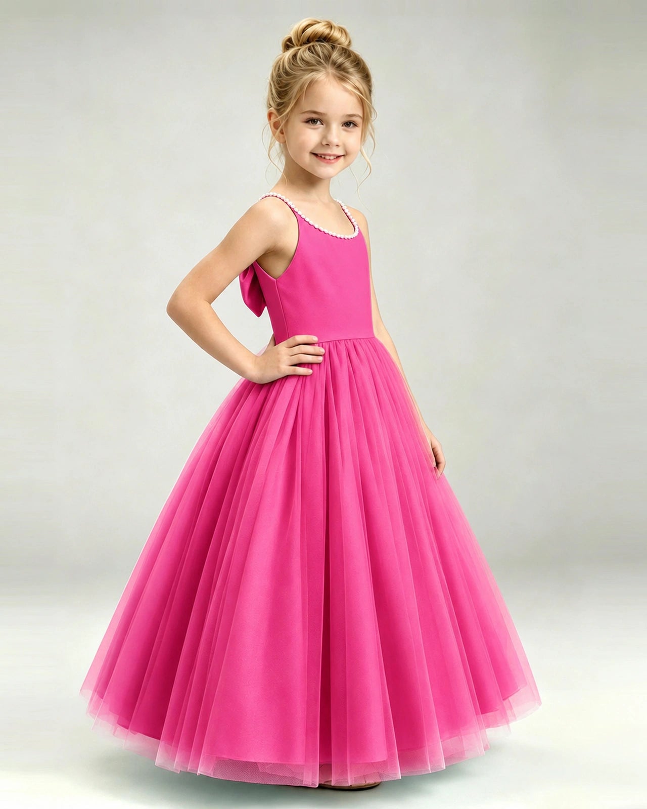 Hot Pink Flower Girl Dress Pearl Strap Open Back Satin Bow Tulle Princess Gown Side Full View