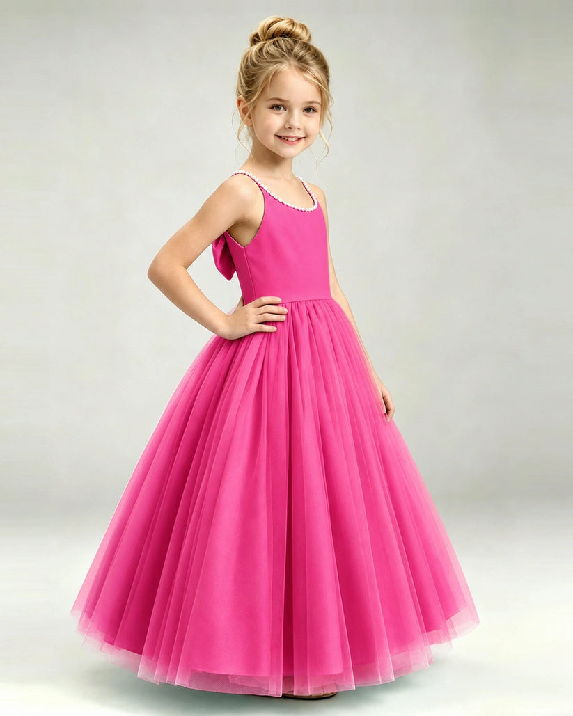 Hot Pink Tulle A-line Girls Formal Dress Side View