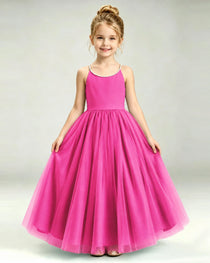 Hot Pink Flower Girl Dress Pearl Strap Open Back Satin Bow Tulle Princess Gown Front Full View