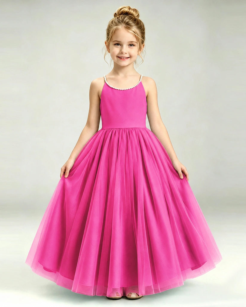 Hot Pink Tulle A-line Girls Formal Dress Front View