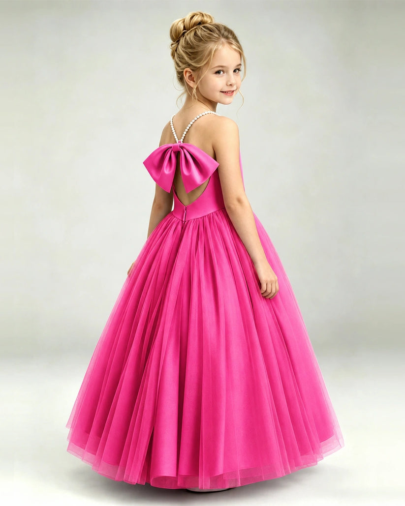 Hot Pink Tulle Ball Gown Girls Formal Dress Back View