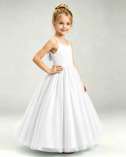 Ivory Flower Girl Dress Pearl Strap Open Back Satin Bow Tulle Princess Gown Side Full View
