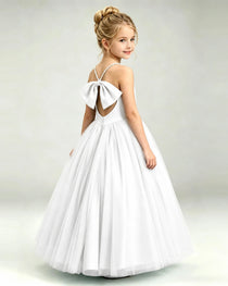 Ivory Flower Girl Dress Pearl Strap Open Back Satin Bow Tulle Princess Gown Back Full View