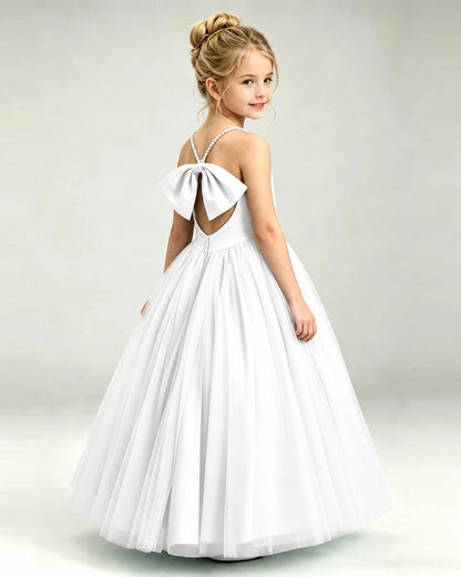 Ivory Flower Girl Dress Pearl Strap Open Back Satin Bow Tulle Princess Gown Back Full View