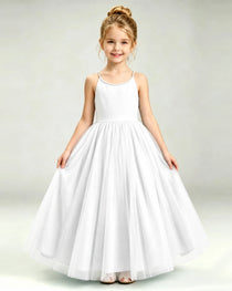 Ivory Flower Girl Dress Pearl Strap Open Back Satin Bow Tulle Princess Gown Front Full View