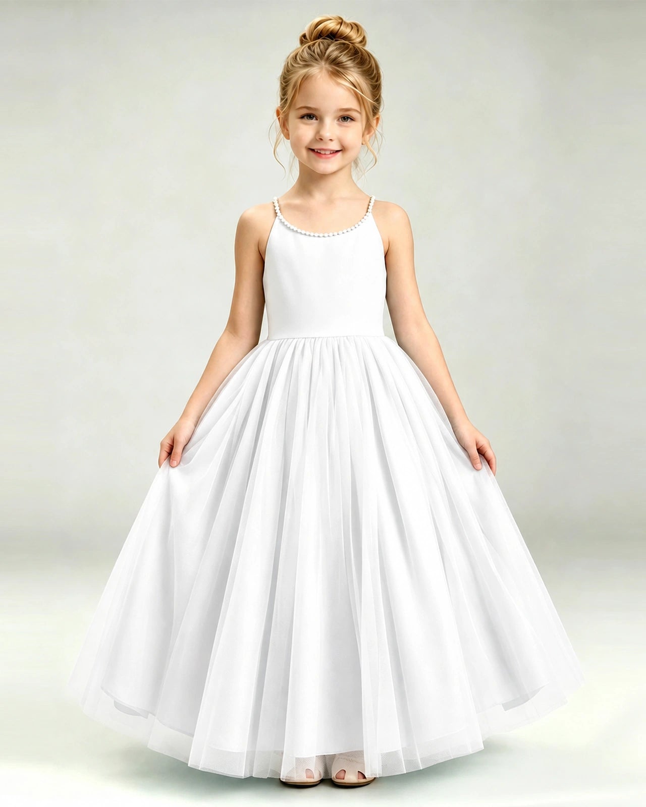 Ivory Flower Girl Dress Pearl Strap Open Back Satin Bow Tulle Princess Gown Front Full View