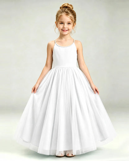 Ivory Flower Girl Dress Pearl Strap Open Back Satin Bow Tulle Princess Gown Front Full View