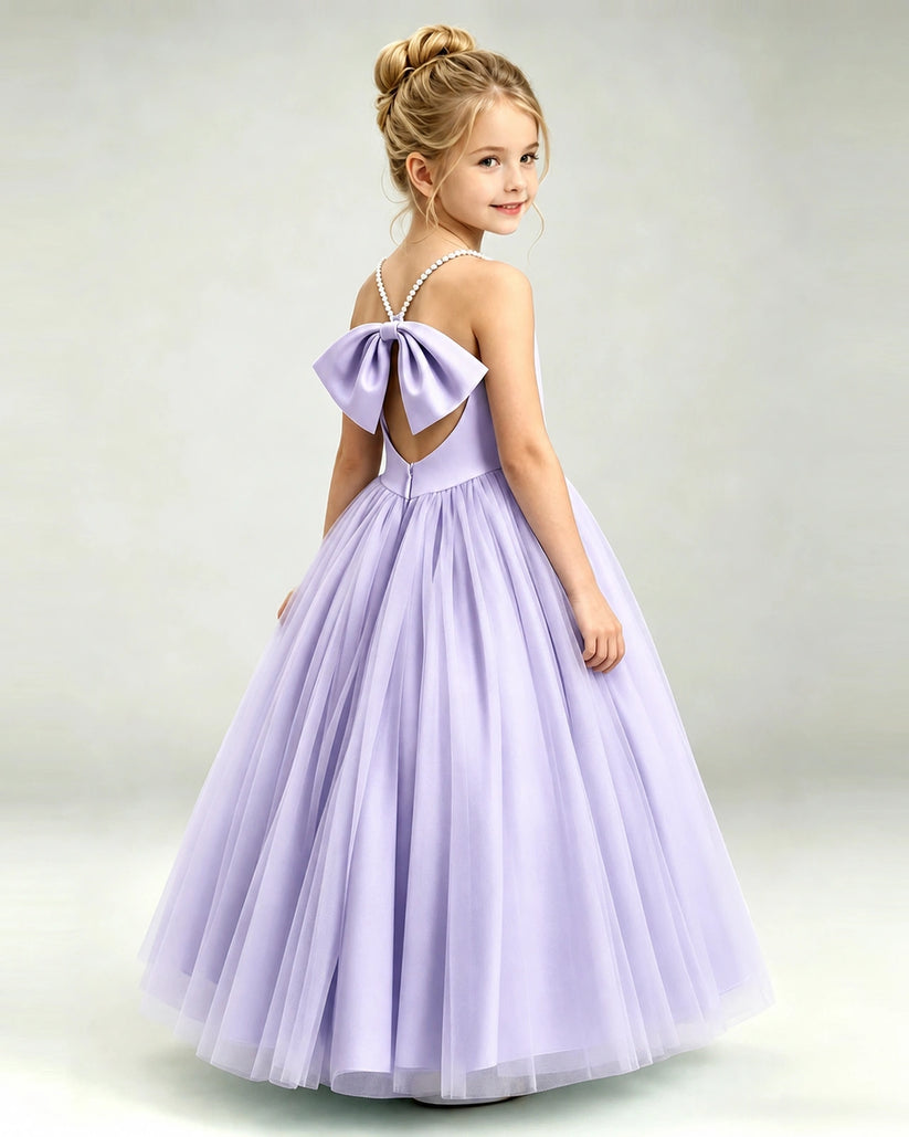 Lavender Tulle A-line Girls Formal Dress Back View