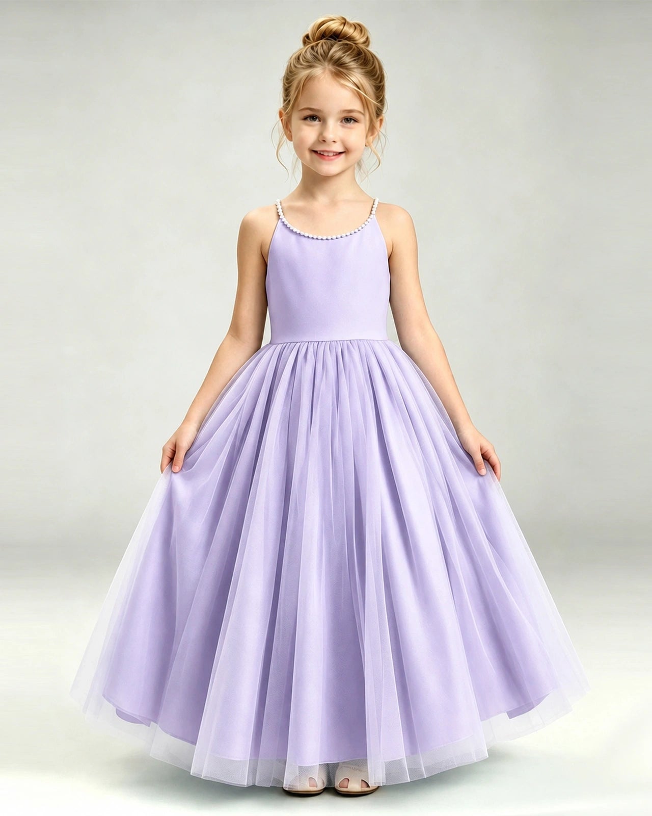 Lavender Flower Girl Dress Pearl Strap Open Back Satin Bow Tulle Princess Gown Front Full View