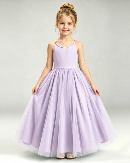 Lilac Flower Girl Dress Pearl Strap Open Back Satin Bow Tulle Princess Gown Front Full View