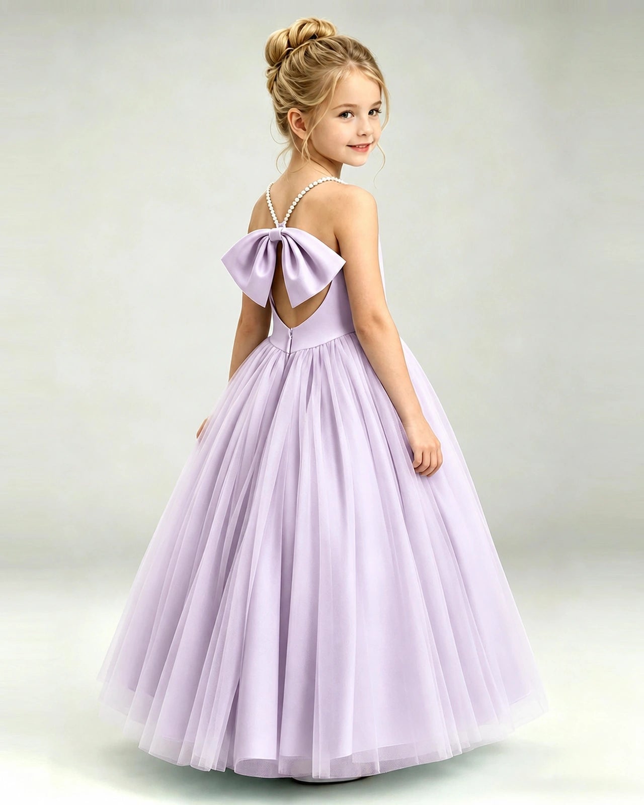 Lilac Flower Girl Dress Pearl Strap Open Back Satin Bow Tulle Princess Gown Back Full View