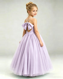 Lilac Flower Girl Dress Pearl Strap Open Back Satin Bow Tulle Princess Gown Back Full View