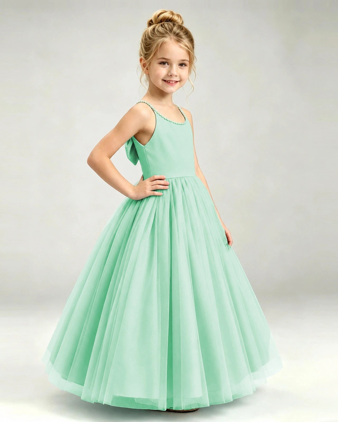 Mint Green Flower Girl Dress Pearl Strap Open Back Satin Bow Tulle Princess Gown Side Full View