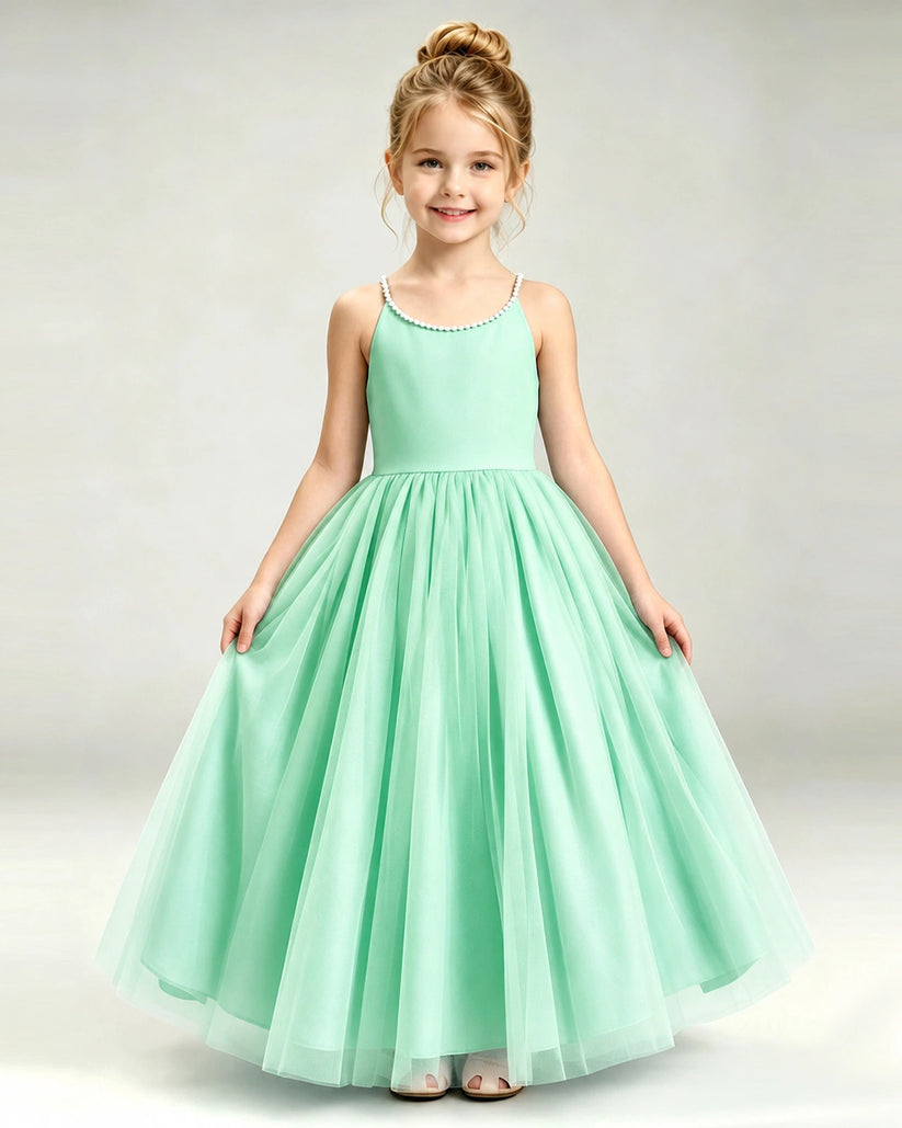 Mint Green Tulle A-line Girls Formal Dress Front View