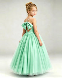 Mint Green Flower Girl Dress Pearl Strap Open Back Satin Bow Tulle Princess Gown Back Full View