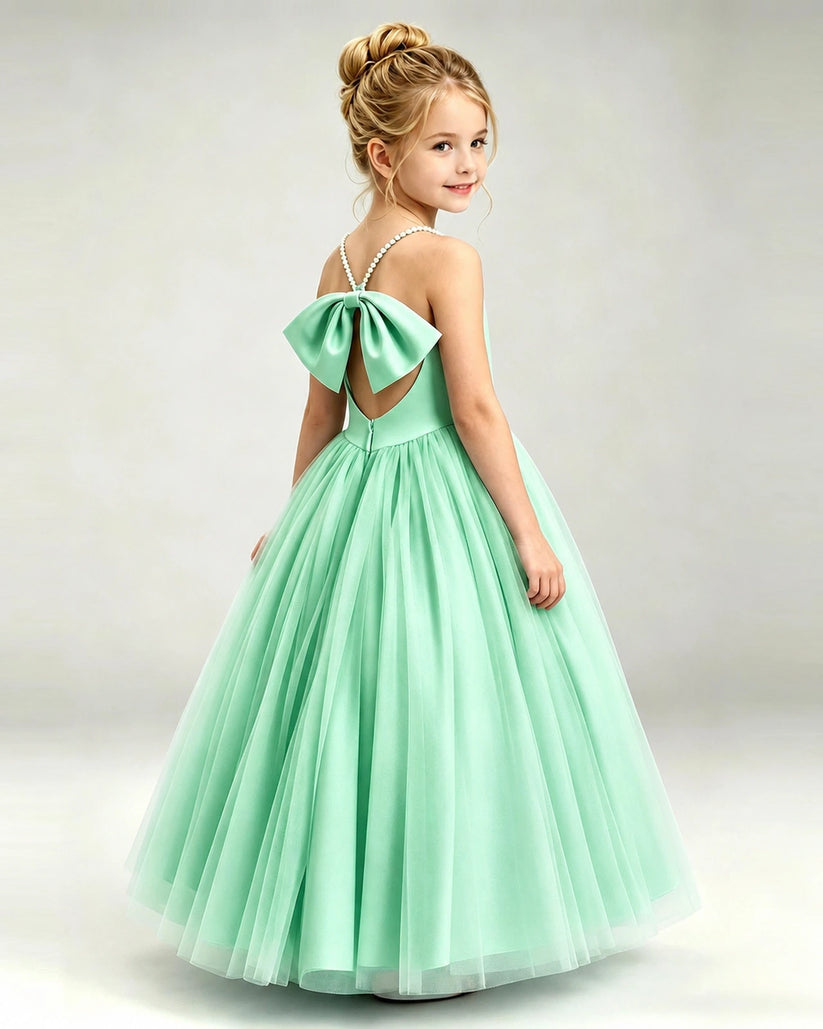 Mint Green Tulle Ball Gown Girls Formal Dress Back View
