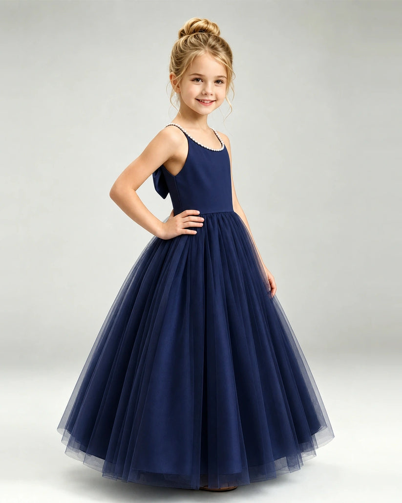 Navy Blue Tulle A-line Girls Formal Dress Front View