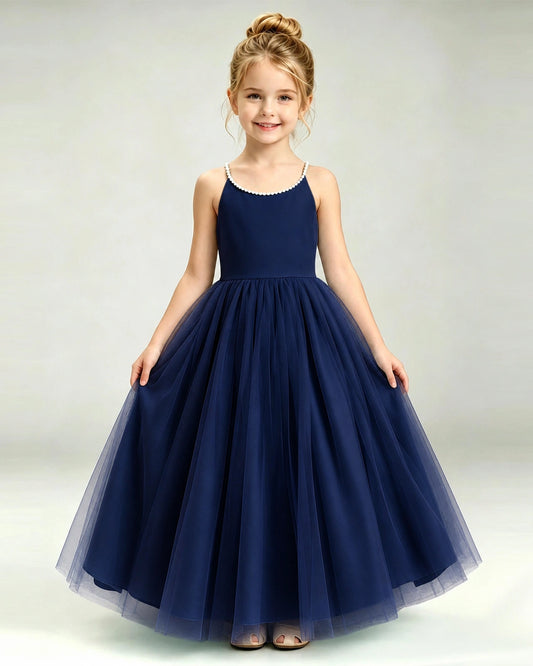 Navy Blue Tulle A-line Girls Formal Dress Front View