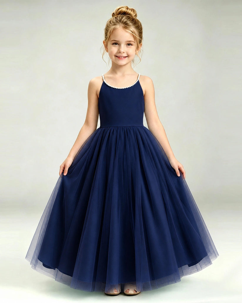 Navy Blue Tulle A-line Girls Formal Dress Front View