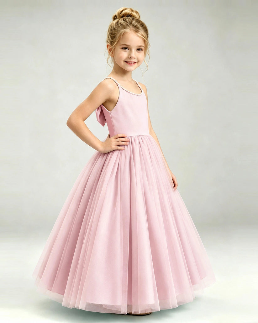 Pink Tulle A-line Girls Formal Dress Side View