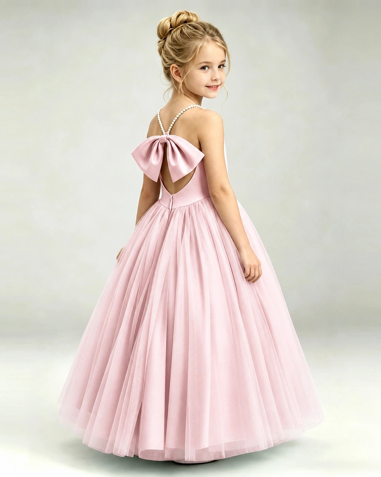 Pink Flower Girl Dress Pearl Strap Open Back Satin Bow Tulle Princess Gown Back Full View
