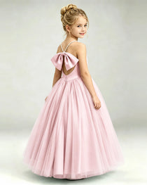 Pink Flower Girl Dress Pearl Strap Open Back Satin Bow Tulle Princess Gown Back Full View