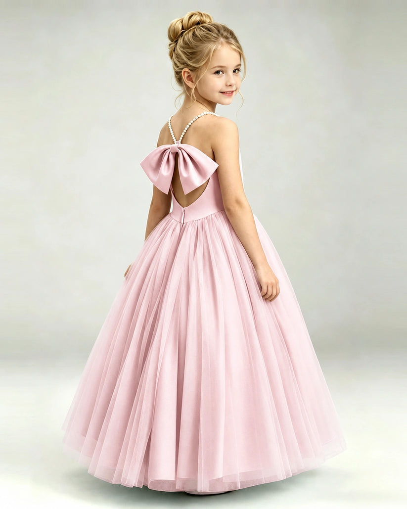Pink Tulle A-line Girls Formal Dress Back View