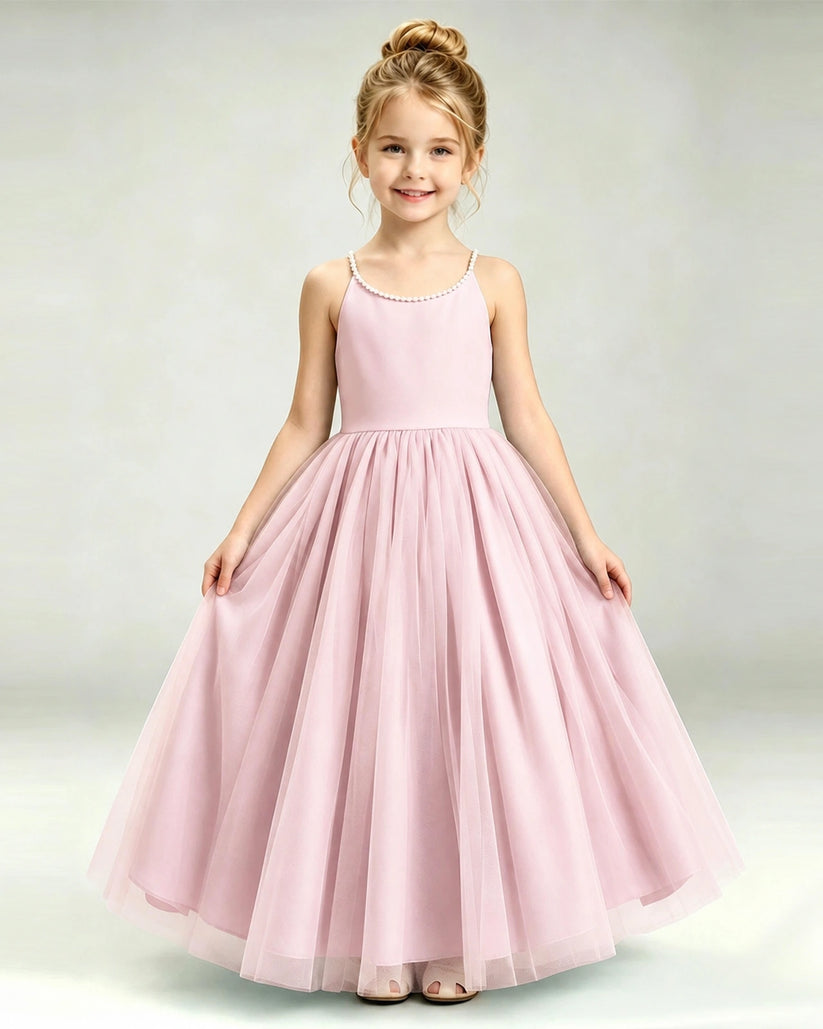 Pink Tulle A-line Girls Formal Dress Front View