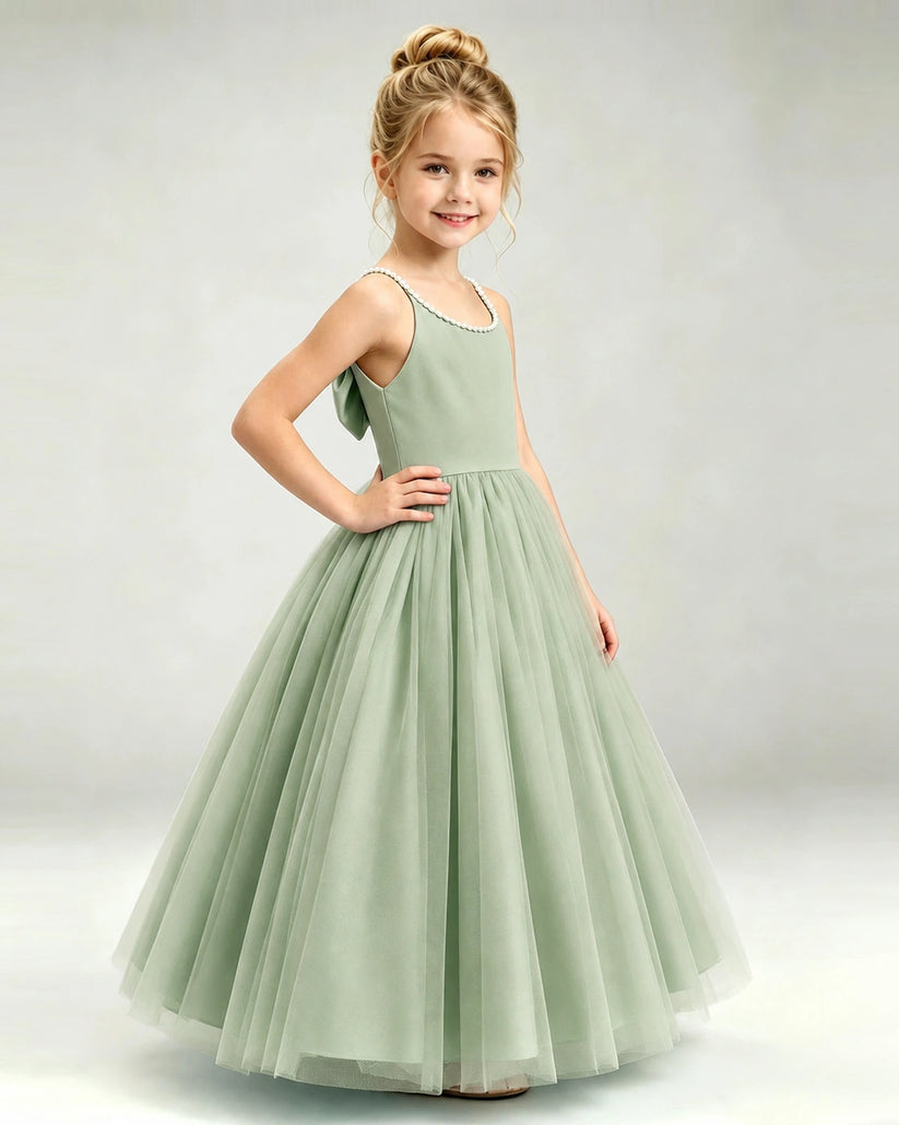 Sage Green Tulle A-line Girls Formal Dress Side View