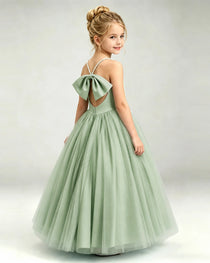 Sage Green Flower Girl Dress Pearl Strap Open Back Satin Bow Tulle Princess Gown Back Full View