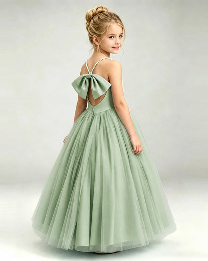 Sage Green Flower Girl Dress Pearl Strap Open Back Satin Bow Tulle Princess Gown Back Full View